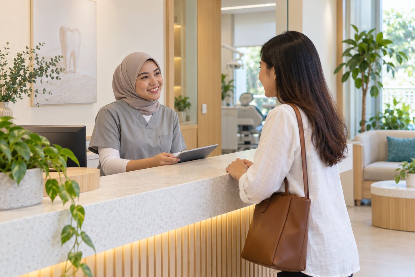 Clinic receptionist greeting a patient in daylight