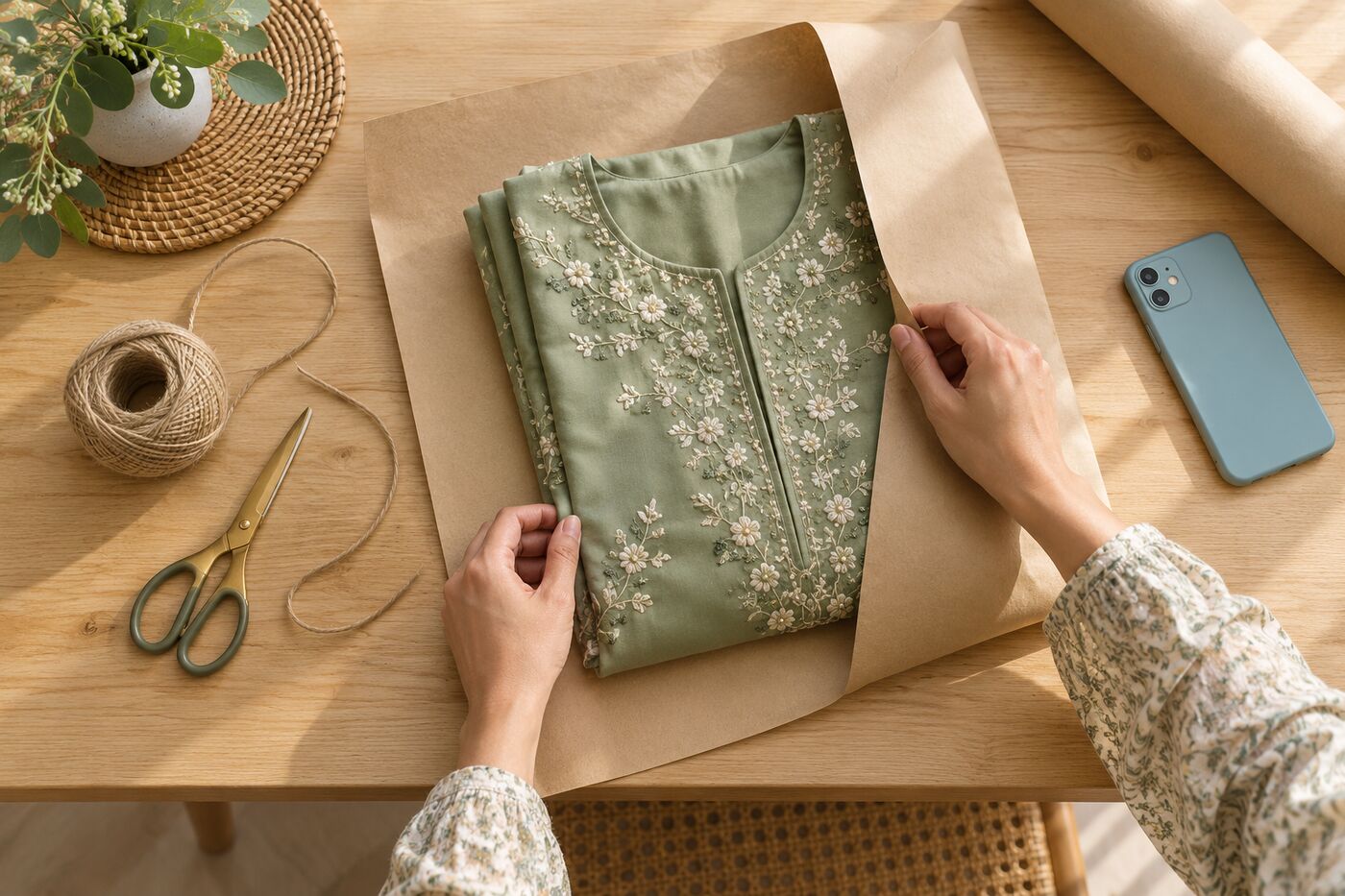 Hands wrapping a baju kurung order in kraft paper