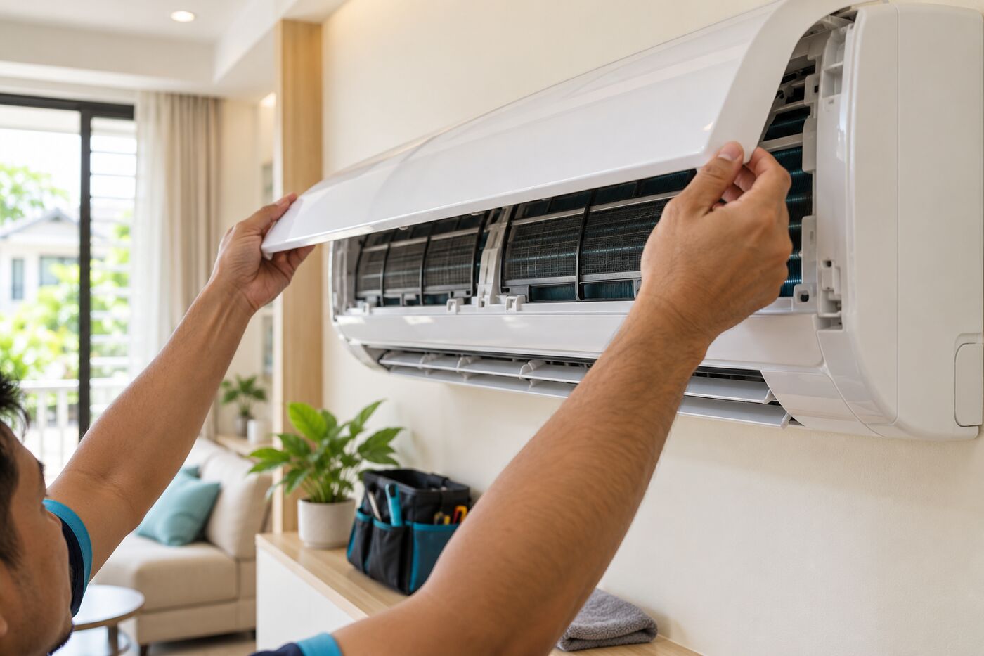 Technician opening the panel of a wall air-conditioner