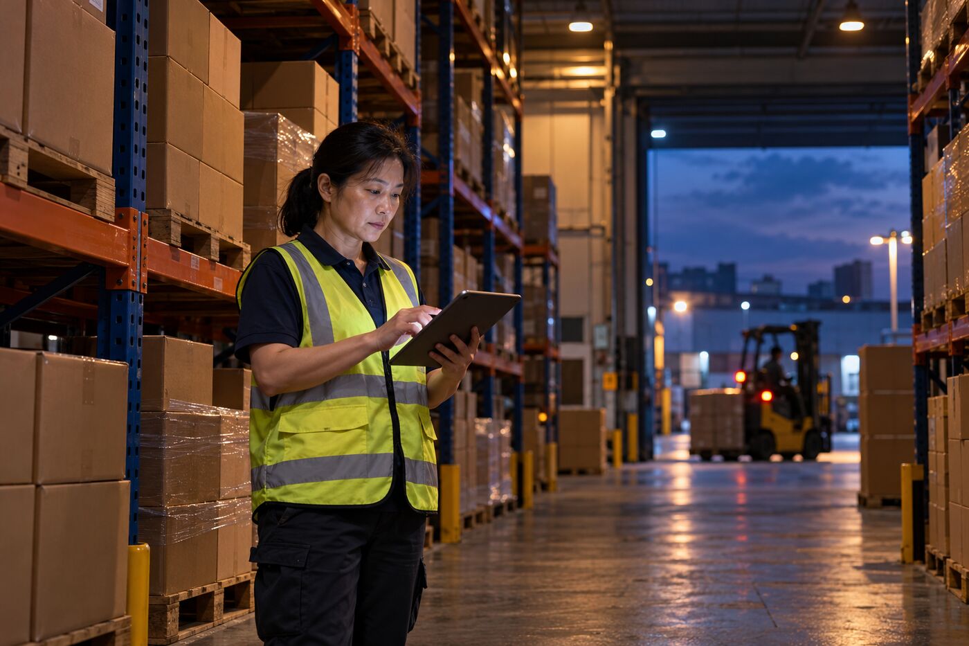Warehouse manager checking stock on a tablet