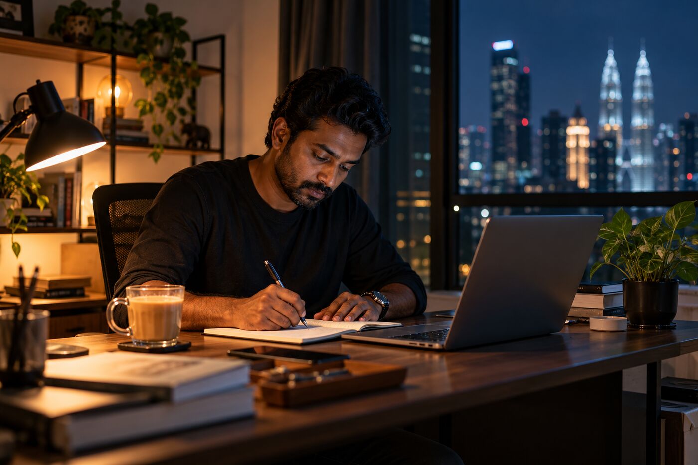 Founder working late at his home office
