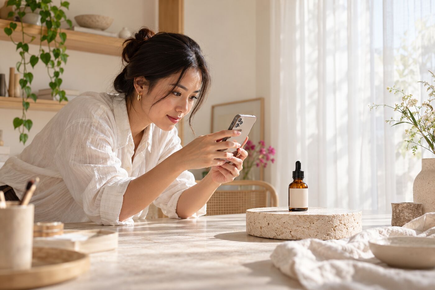 Skincare founder photographing a product in her home studio