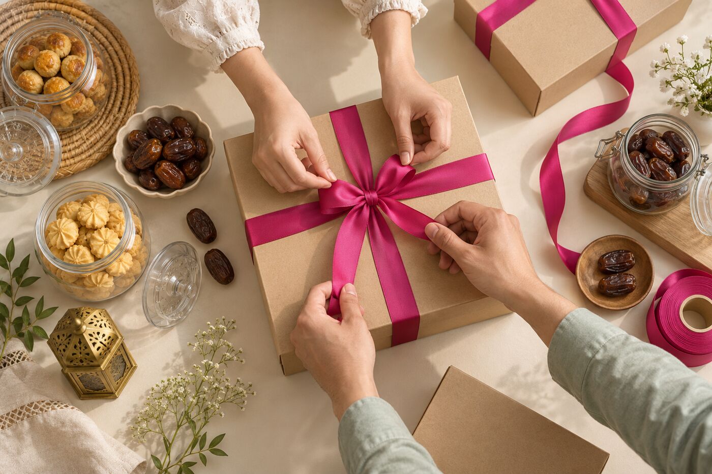 Hands tying a ribbon on festive hampers