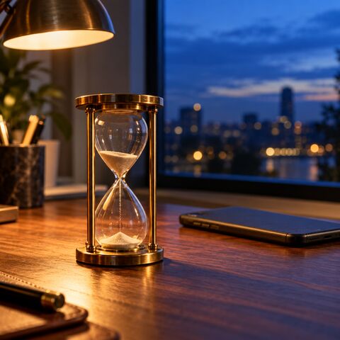 An hourglass running out beside a face-down phone