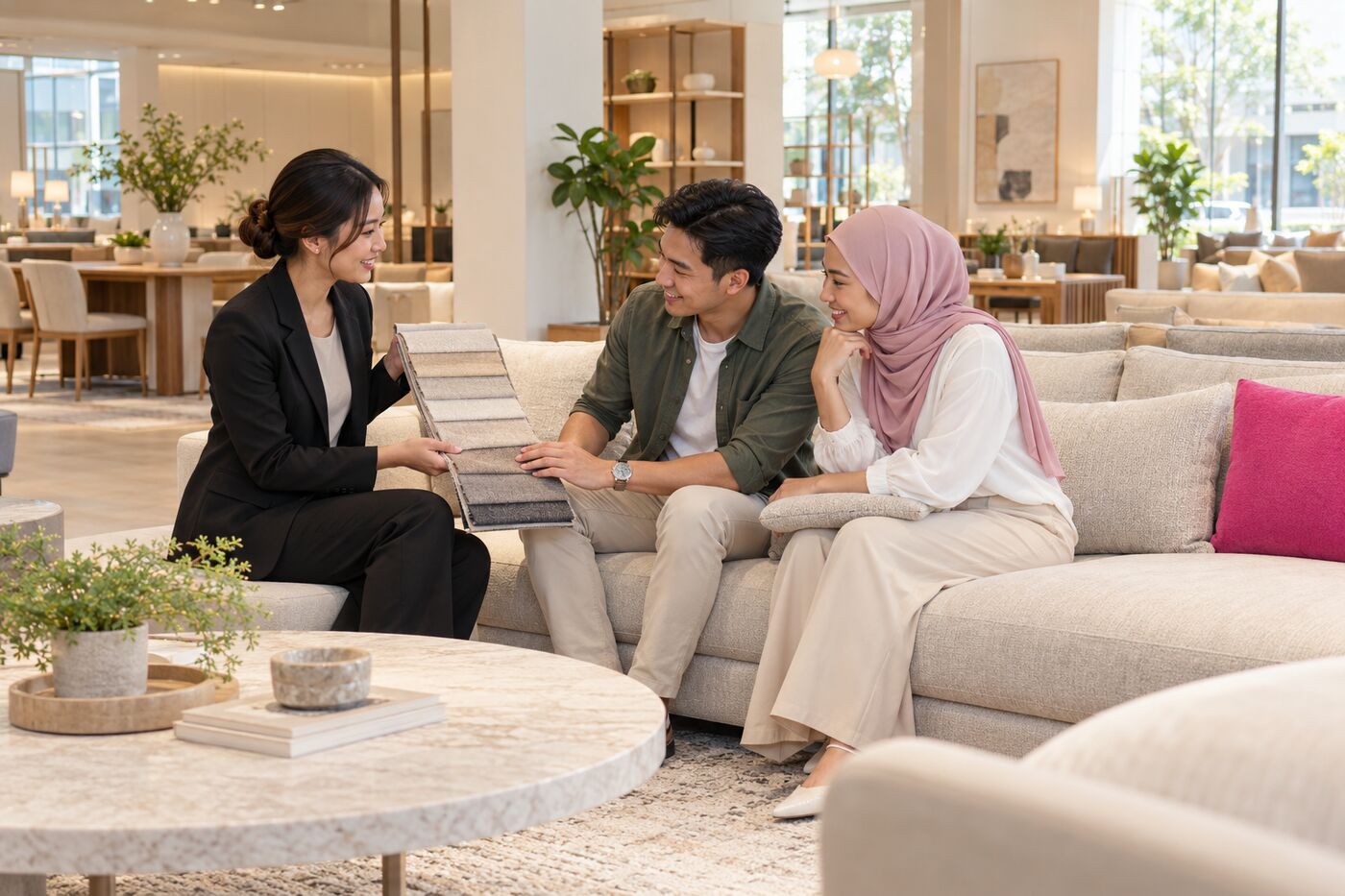 Salesperson showing a fabric swatch to a couple in a furniture showroom