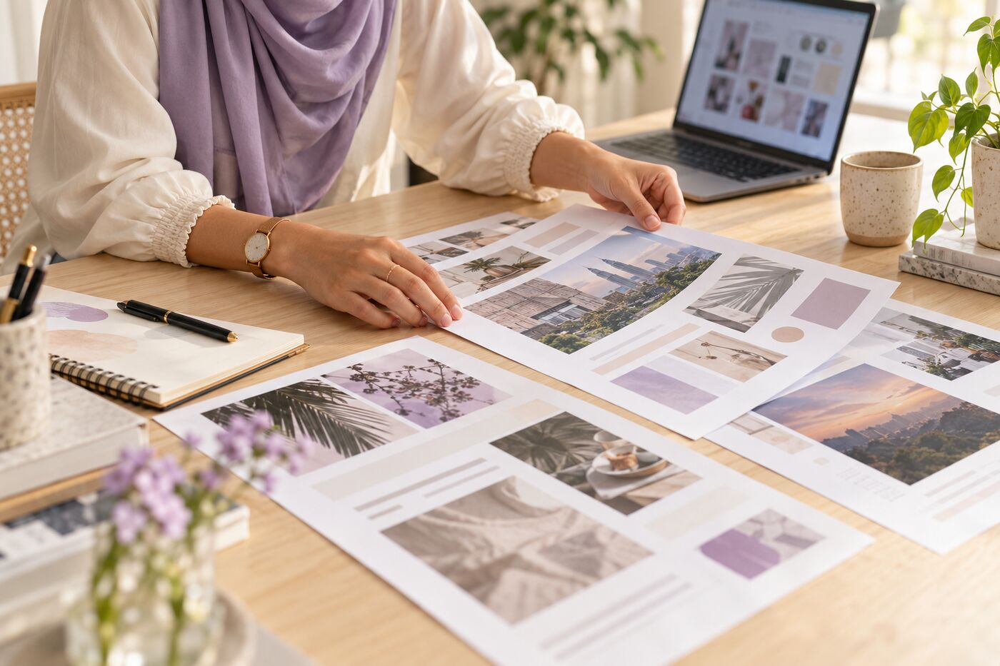 Hands arranging printed article drafts on an oak table