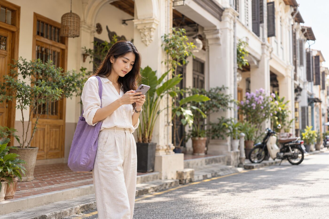 Woman outside a row of shophouses searching on her phone