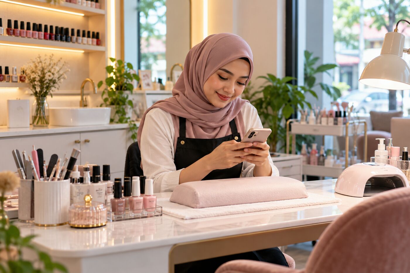 Beauty studio owner reading comments on her phone between clients