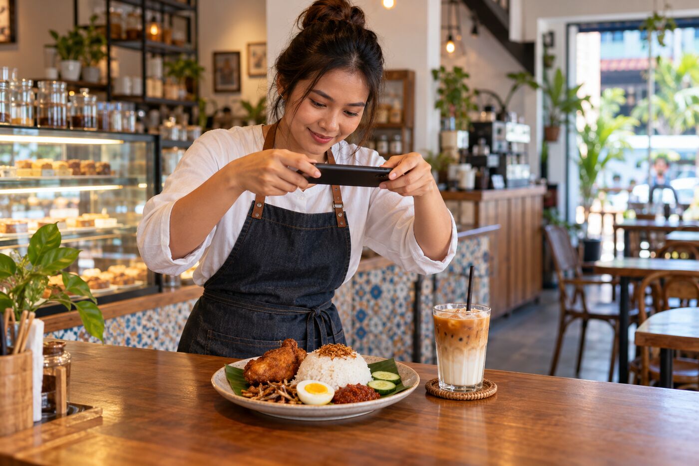 Café owner photographing a plate of nasi lemak for social media