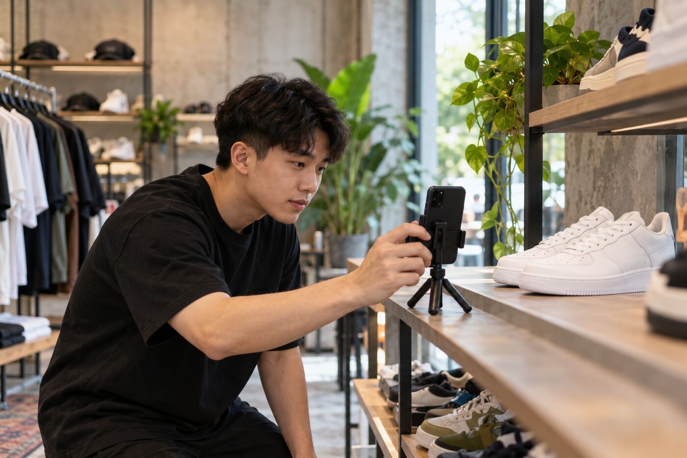 Streetwear shop owner filming new sneakers on his phone