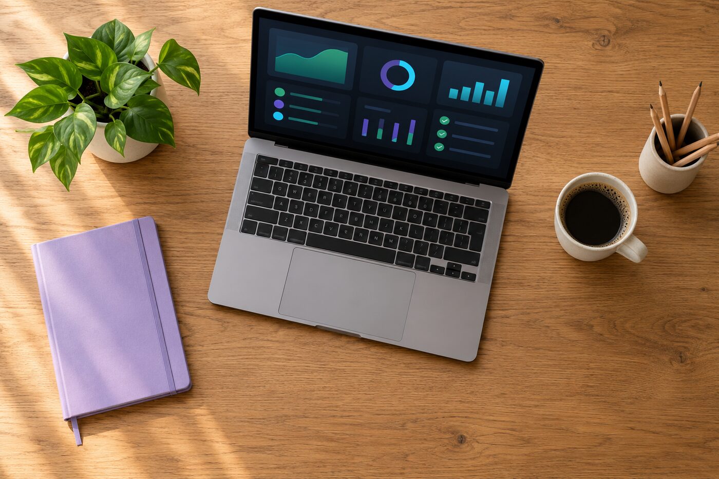 The same desk, tidy: a laptop showing a dashboard of automations, a notebook and a coffee