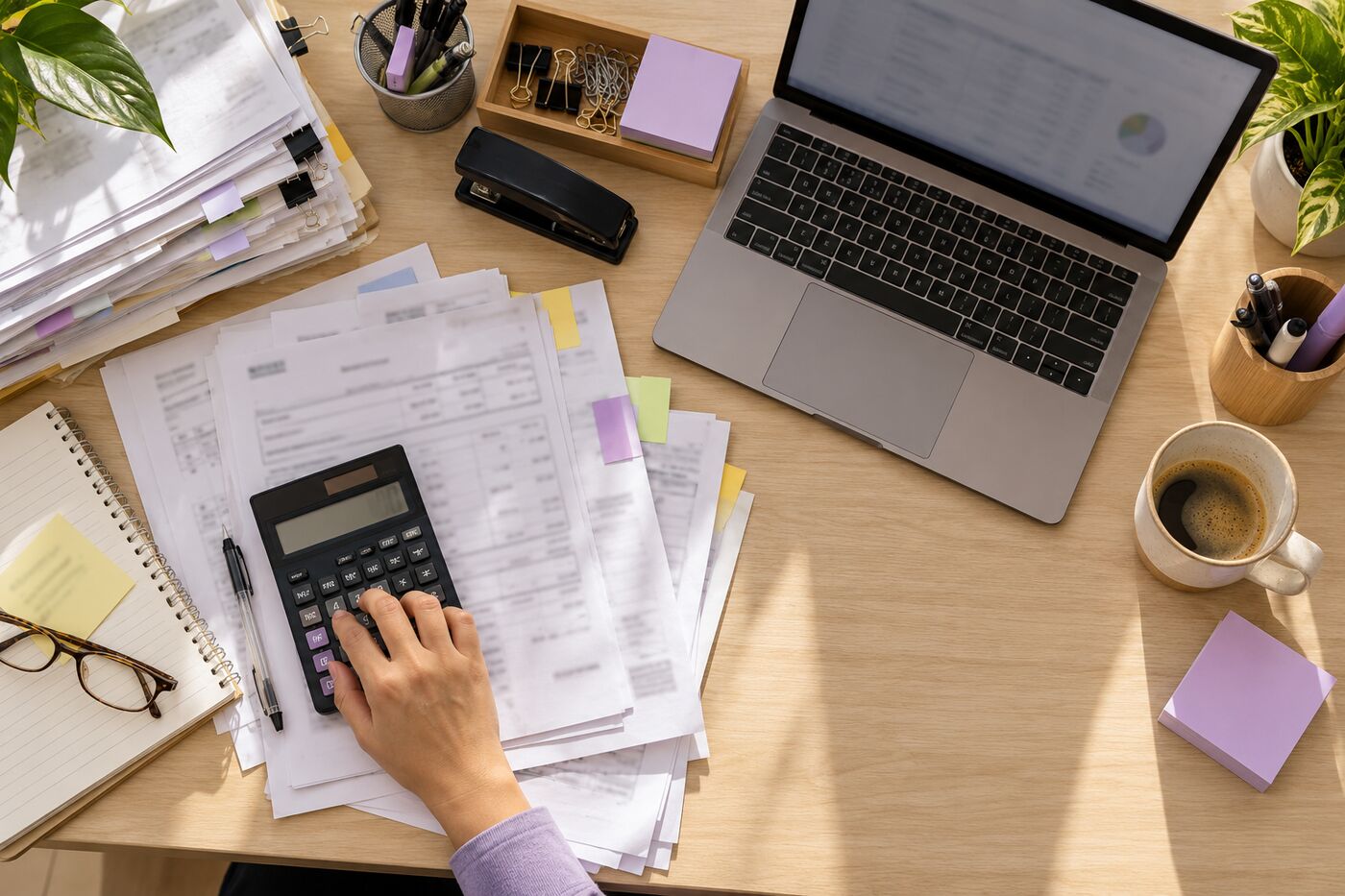 A cluttered desk covered in printed invoices and sticky notes